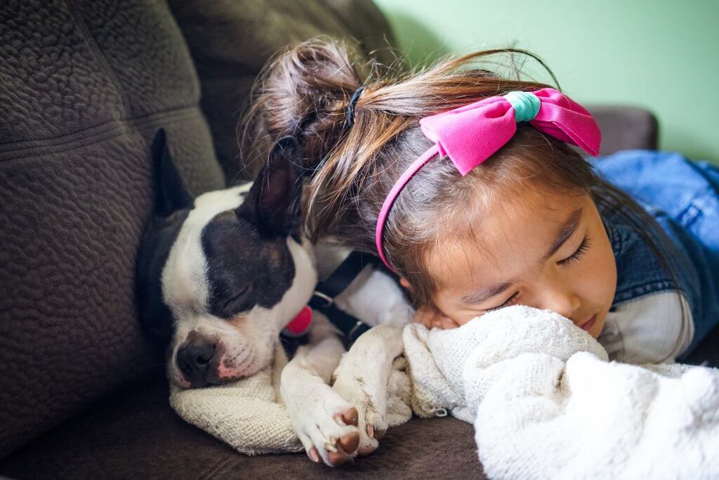 girl sleeping with dog on sofa