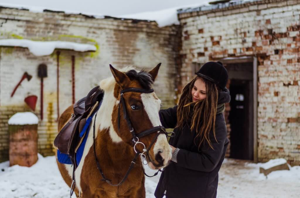 girl petting horse in snow